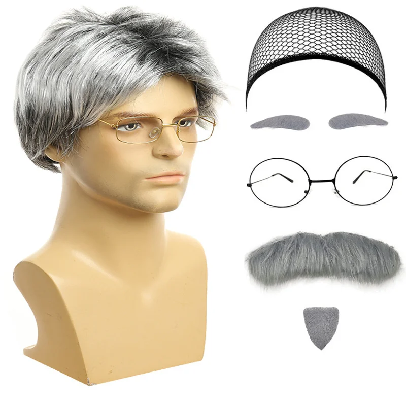 1 Set Hair Extensions Synthetic Hallowee Cosplay Old Man Wigs Breathable Head Cover Performance Dress Up Grandpa Wig Hat for Men view 3