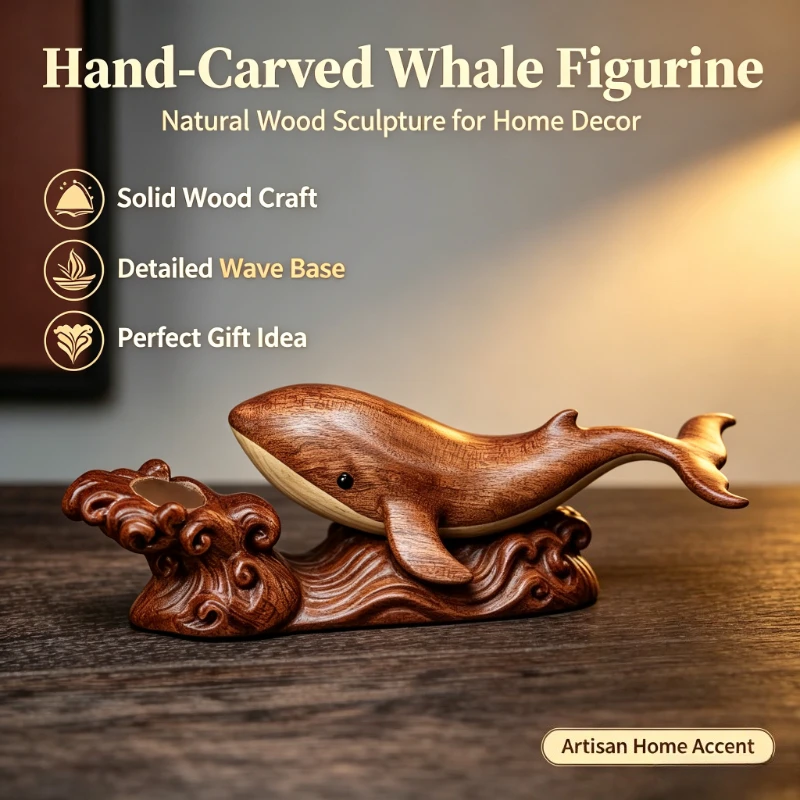 Wooden Whale Figurine Ornament, Stylish Fish‑Shaped Tabletop Craft, Unique Desktop Decoration & House Present