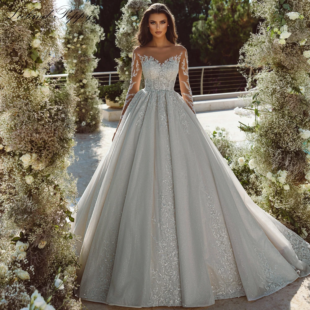 

Lceland Poppy A Line Luxury Glitter Tulle Wedding Dresses 2023 Floor Length Beaded Lace Appliques Bridal Gowns with Chapel Train