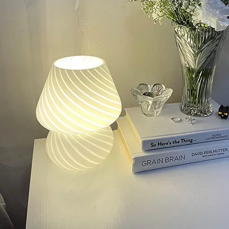 American Retro Striped Glass LED Table Light Living Room Study Dimmable USB Desk Lamp Bedroom Atmosphere Decor Night Lighting