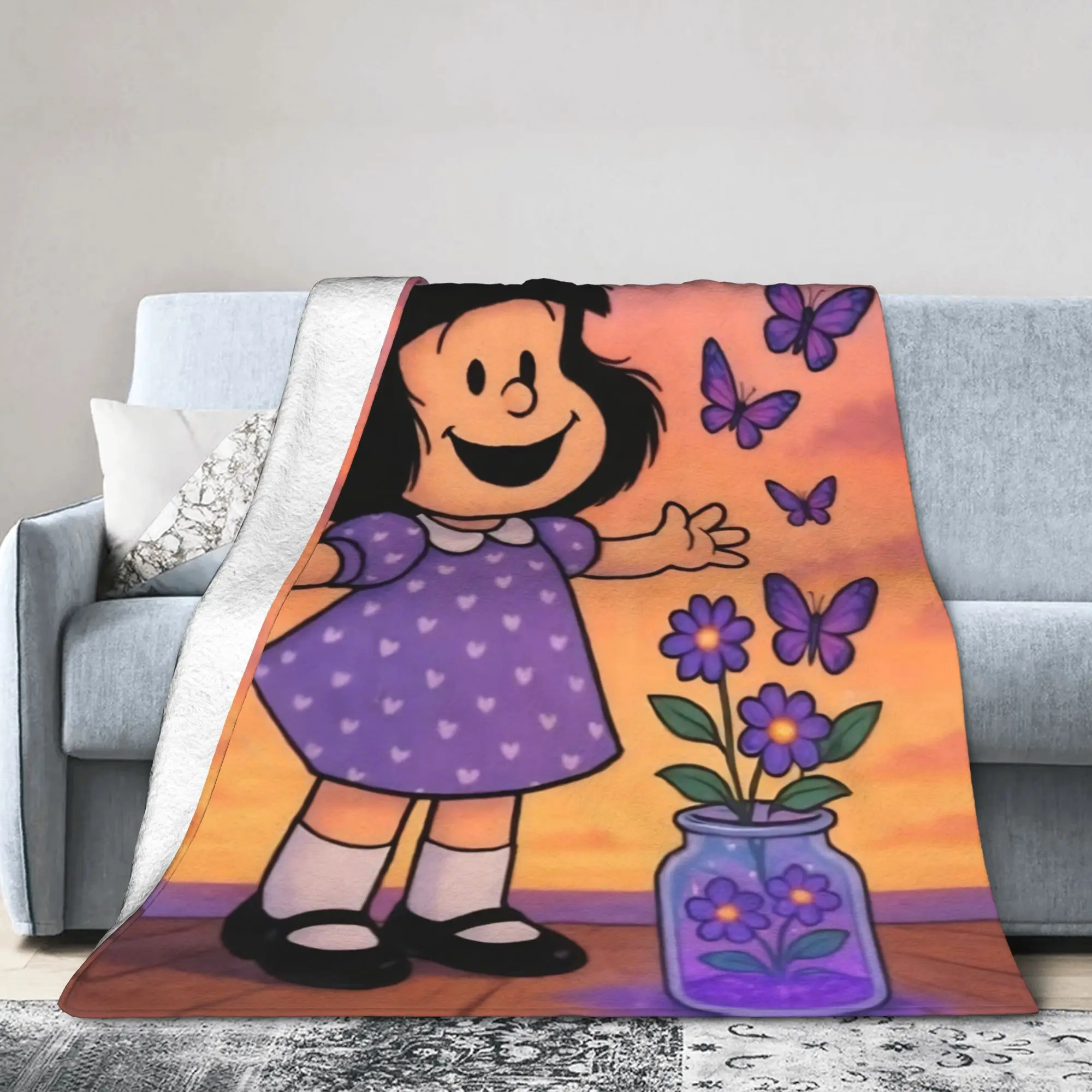 Mafaldas Purple Butterfly Flannel Blankets  Novelty Throw Blanket for  Sofa Bedding Lounge 125*100cm Plush Thin Quilt