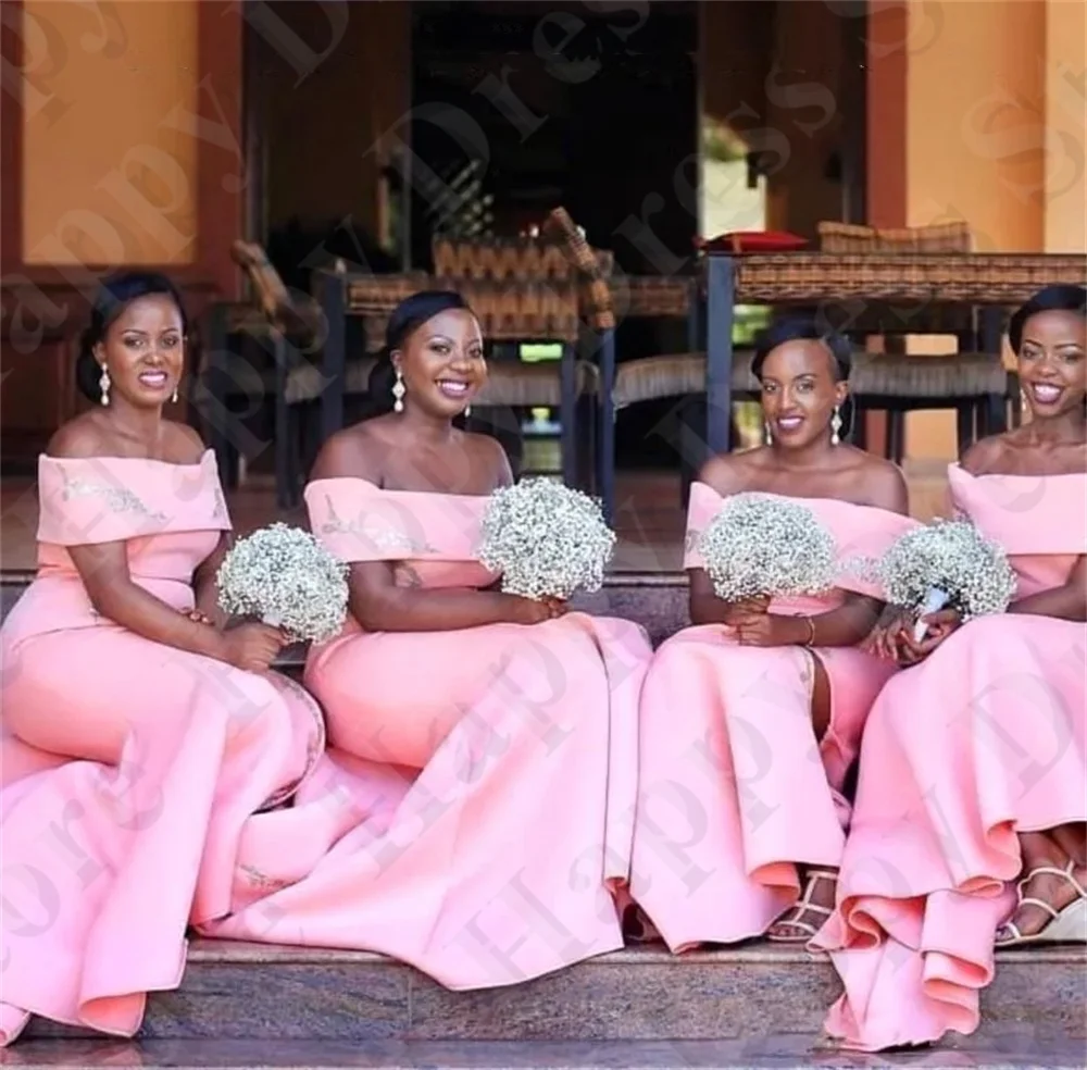 Elegante abito da damigella d'onore a sirena rosa abiti da sera formali africani nigeriani per le donne abito da festa con Applique in raso con spalle scoperte