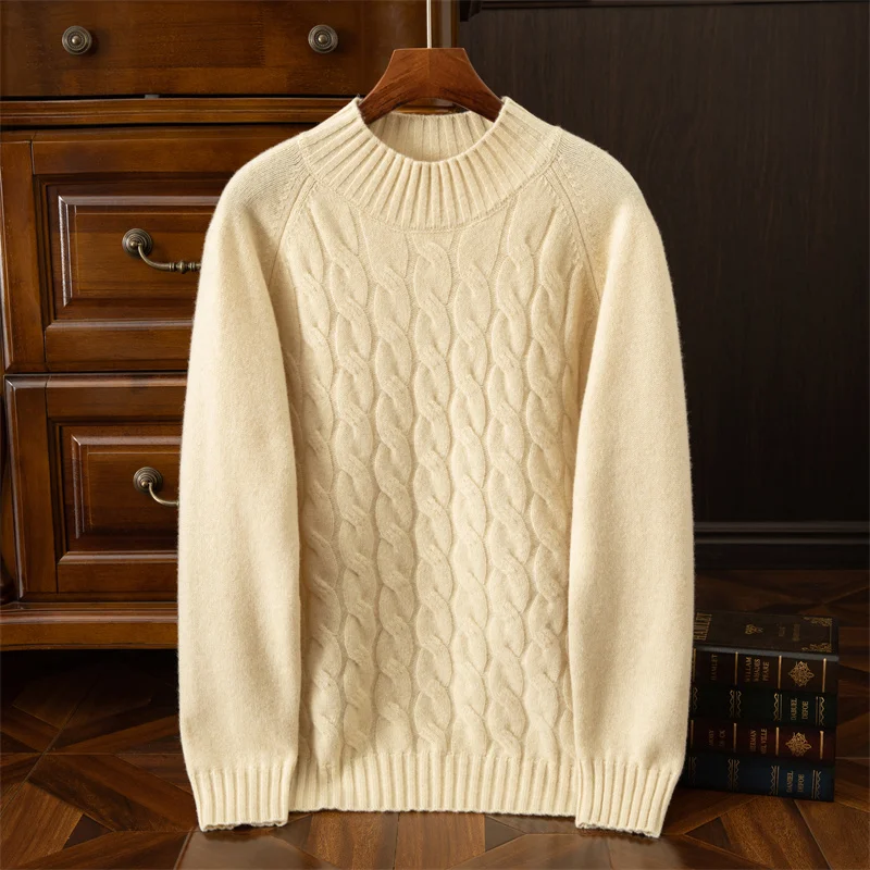 Autumn and winter men's new cashmere sweater thick twisted flower pullover round neck sweater comfortable and loose undershirt