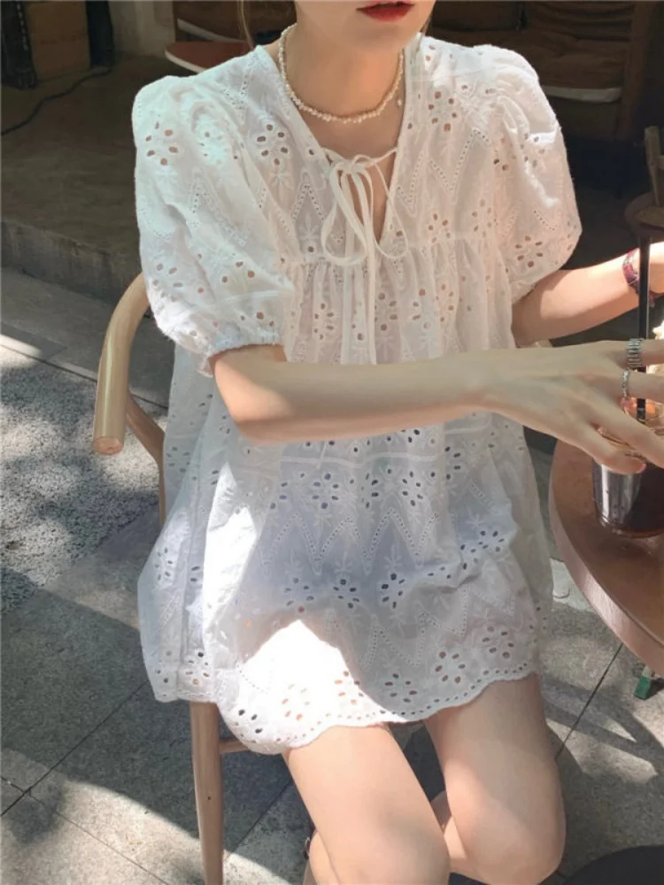 2024 Fashion Summer Sweet Puff Sleeve Women Blouses New Elegant Shirts White Hollow Out Short Sleeve Tops