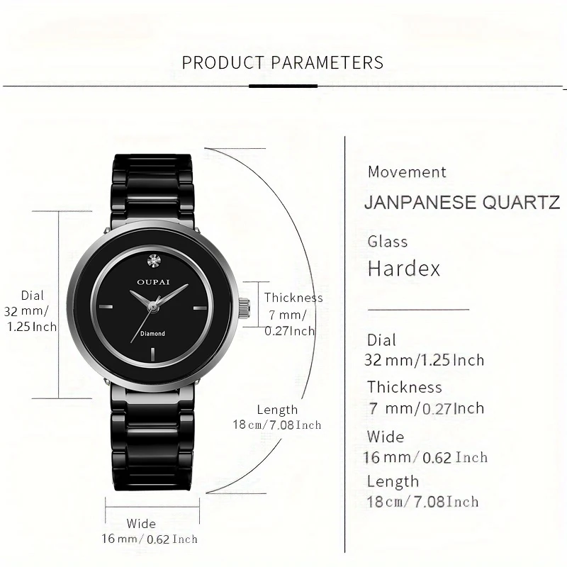 Oupai элегантные черные часы с керамическим ремешком круглой формы, женские кварцевые часы, устойчивые к царапинам, модные простые женские часы с бриллиантами