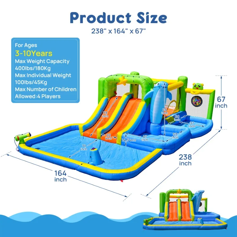 9 in 1 for Endless Fun Inflatable Bounce House with Blower Shower Soak Pool Sprinkler Fountain Water Gun Target for Kids
