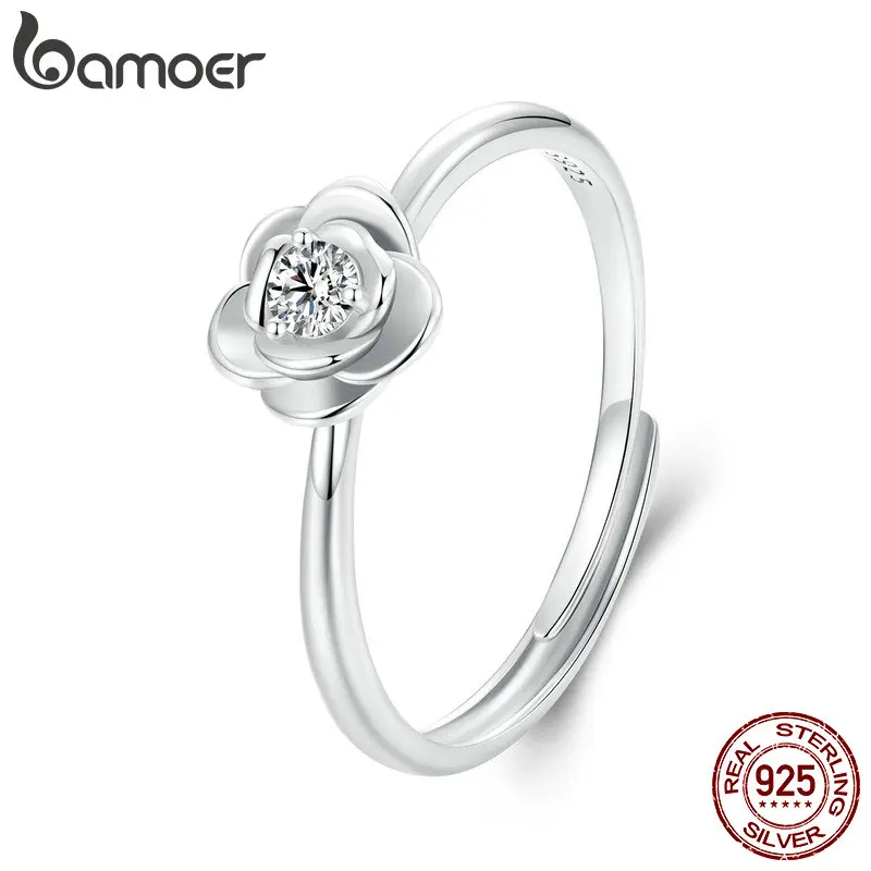 BAMOER Flower Moissanite Engagement Rings for Women, 925 Sterling Silver Big Flower Shaped Moissanite Halo Ring MSR054-E