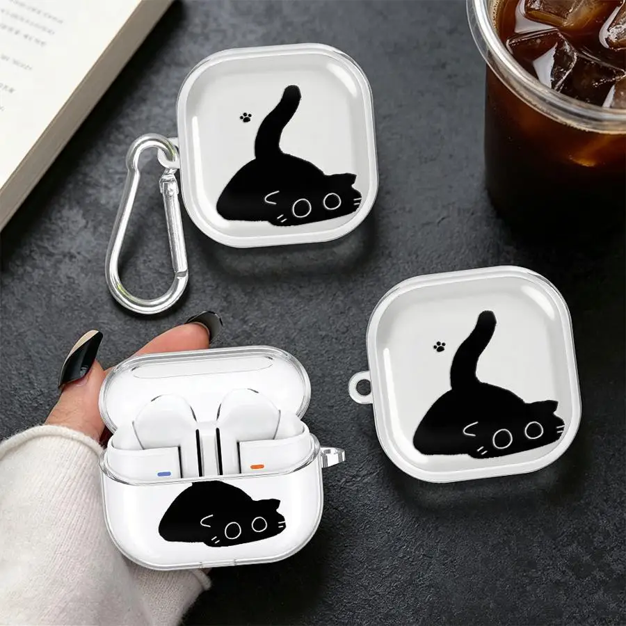 Black Cat Doodle Print Case For Samsung Galaxy Buds 2 Live 4 Pro 4Pro 2Pro 3 FE 3Pro Clear Earphone Cases Cover With Hook