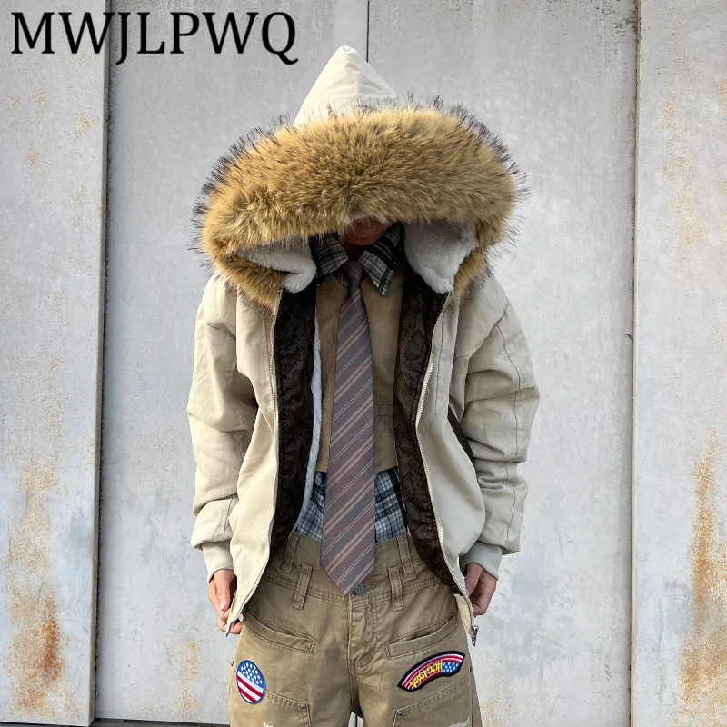 

MWJLPWQ сращенная абрикосовая дизайнерская хлопковая куртка для мужчин и женщин, уличная флисовая куртка с большим меховым воротником, свободные повседневные зимние топы 12465