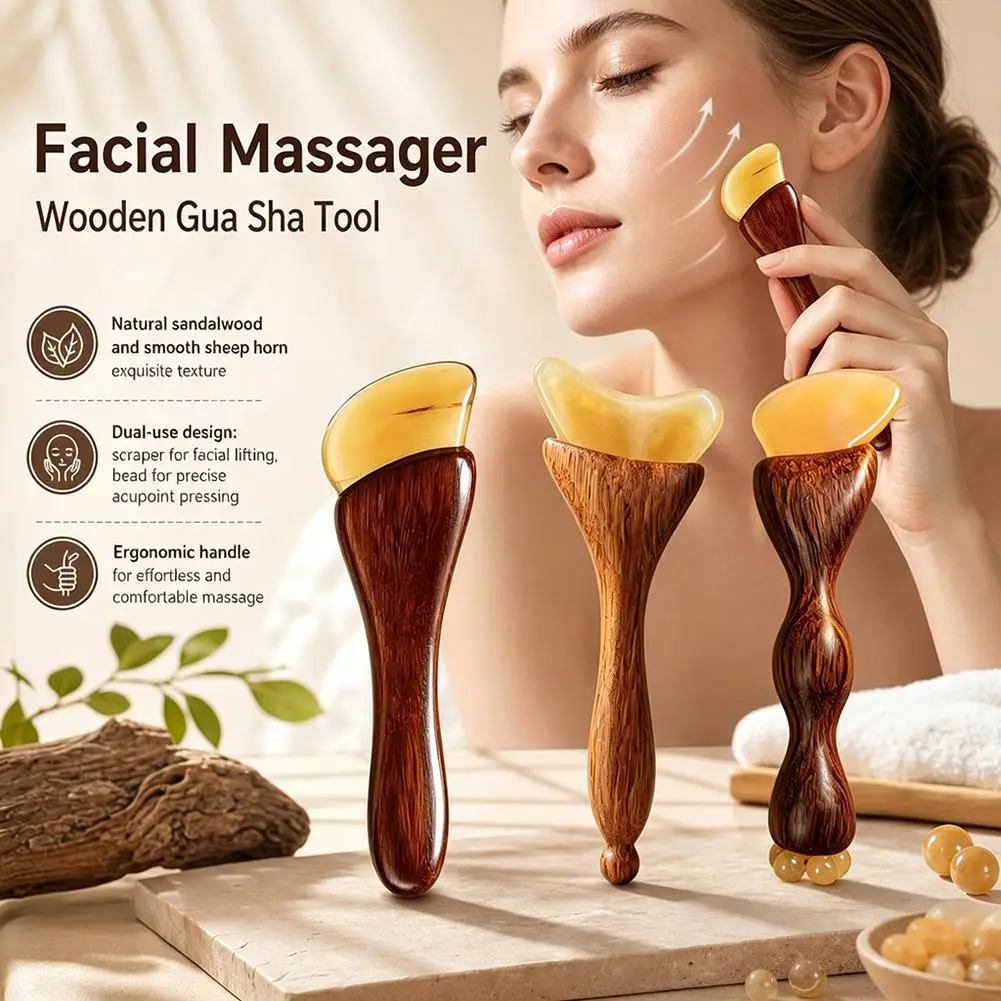 Natural Sheep Horn Gua Sha Tool With Non Slip Wooden Handle Lymphatic Massager For Facial Depuffing Massage Home Spa Use