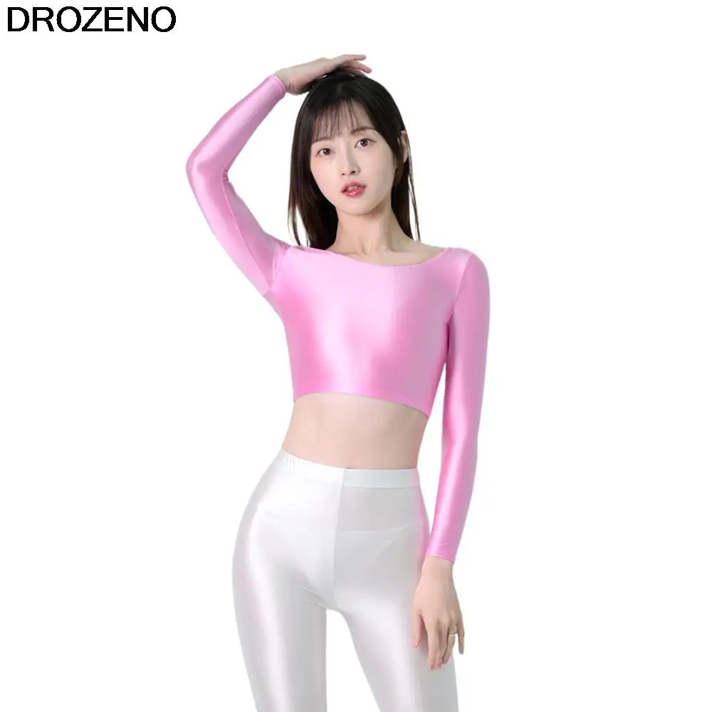 Stretch Sports Glossy Silky Bottoming Yoga Women's Thin Tight Midriff-Baring Long Sleeve Top