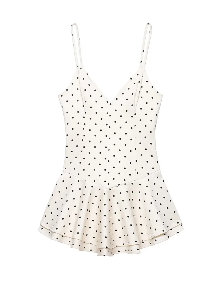 

Женское модное платье без рукавов с V-образным вырезом, плиссировкой и декором в горошек, короткое, на молнии, на бретельках, цельное, весеннее, мини-платье