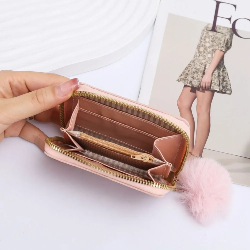 Fashion Zipper Card Holder PU Leather With Pom Pendant Short Wallet Printed Female Bag Women Girls Female Bag