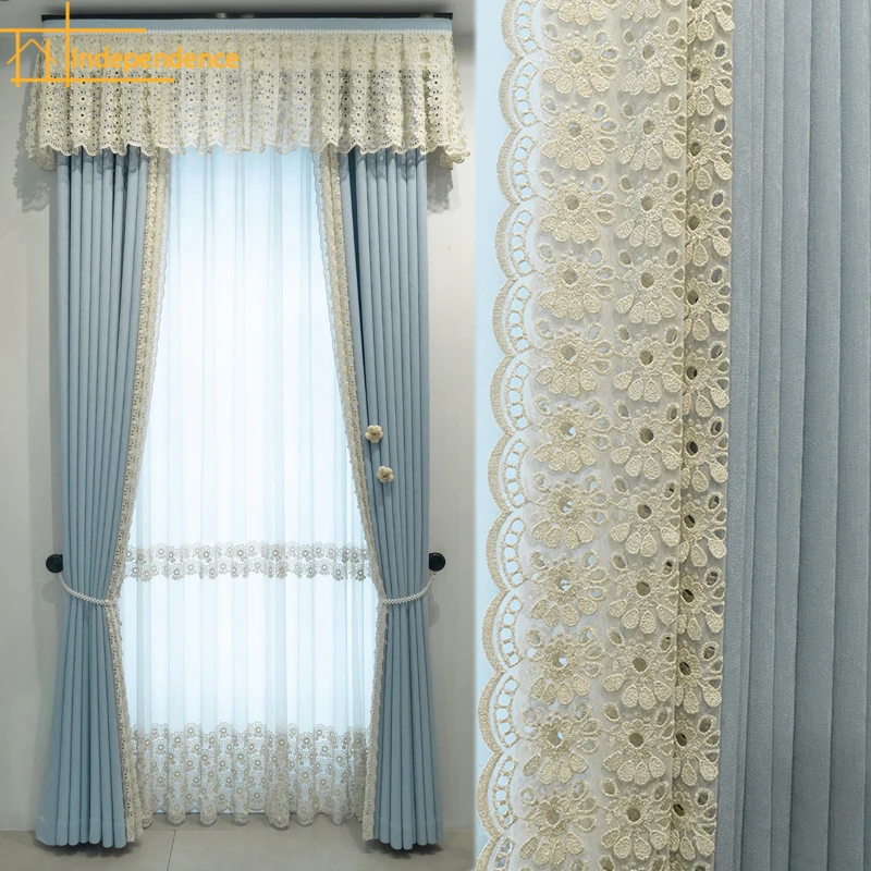 Simple Light Blue Lace Embroidered Window Screen Thickened Spliced Curtains for Living Room Bedroom Floor-to-ceiling Windows