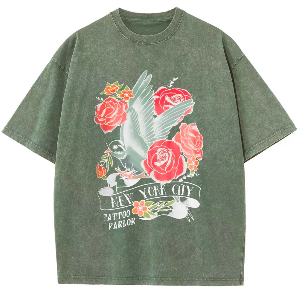 Romantic Rose-Printed Cotton Women's T-Shirt Washed Faux Denim Oversized Half-Sleeved Sweet Elegant Casual Top