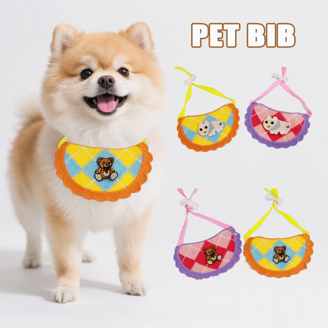 

Pet Diamond Plaid Bib Cartoon Cat Scarf Saliva Towel Puppy Neckerchief Dog Accessory