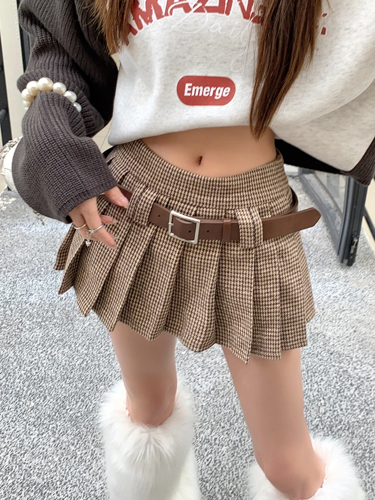 

QOERLIN with Belt Plaid Skirts Women 2024 New Houndstooth Zipper Mid Waist Short Mini Skirt Girls Autumn Winter Pleated Skirts