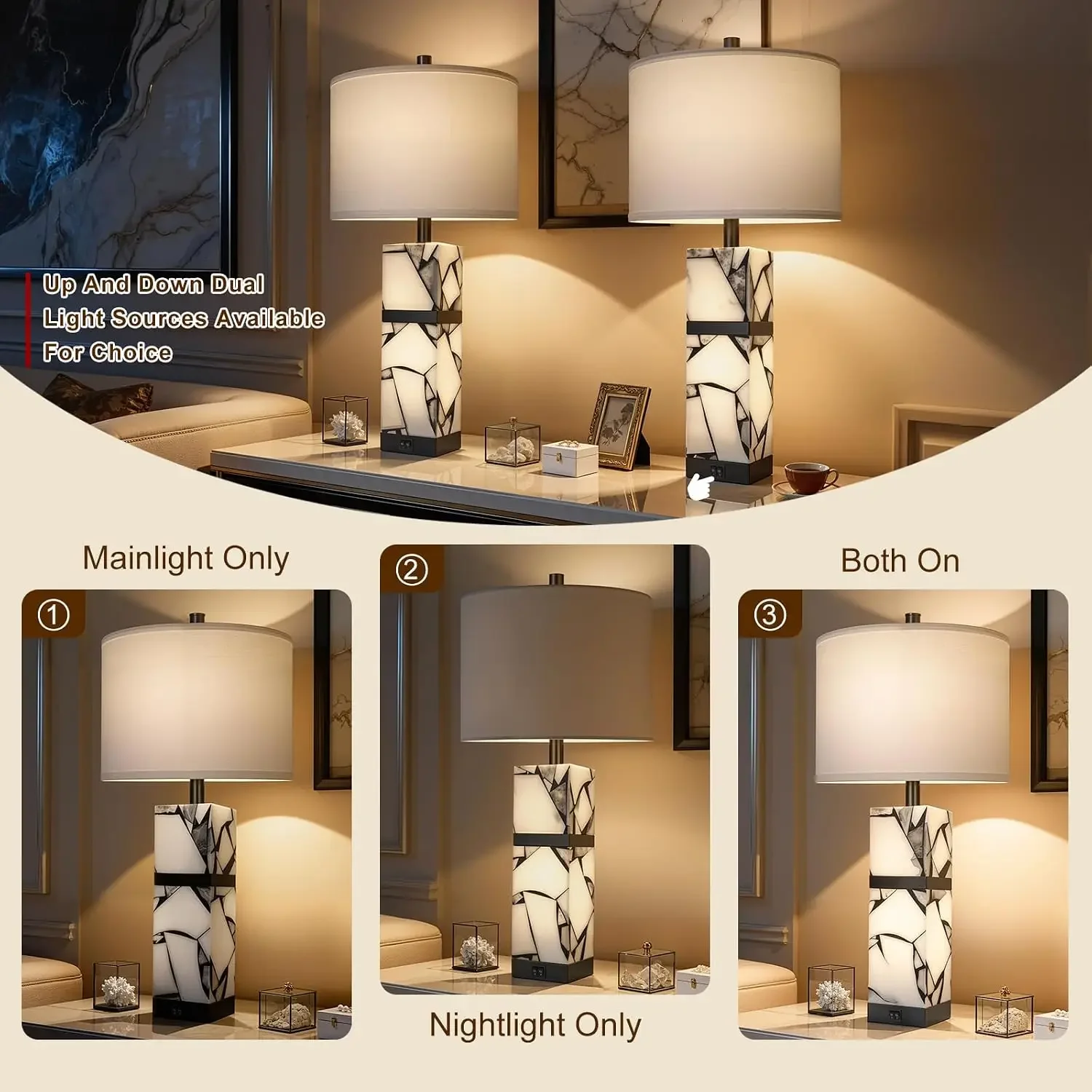 27" Alabaster Table Lamps Set of 2 with Night Light & USB A+C Ports for Living Room Bedroom, Linen Shade, Bulbs Included view 3