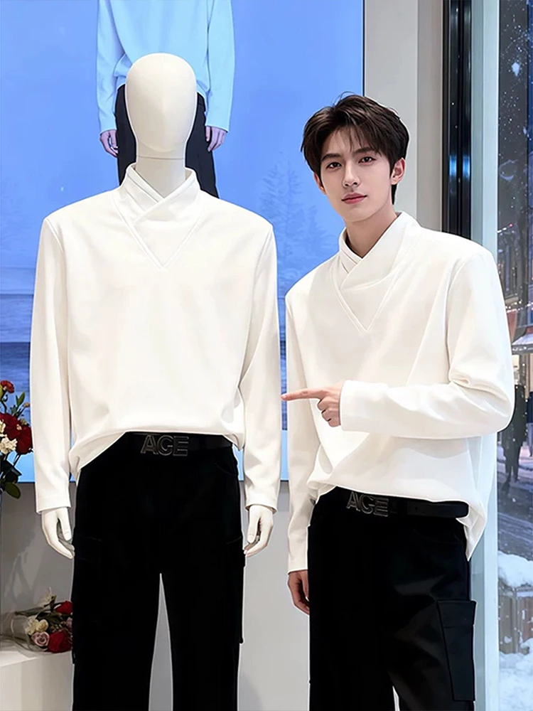 

White Stand Collar Sweatirt Men's Autumn Winter Youth High End Feelings oulder Long Sve T-irt Design Sense Inner Wea...