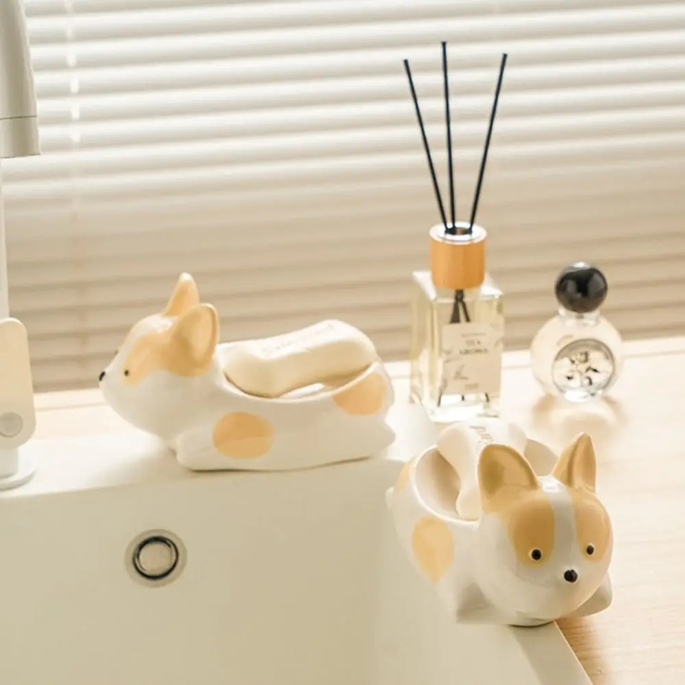 Bathroom Accessories Corgi Shape Ceramic Soap Box Light Luxury Drainable Cartoon Soap Dish Cute Delicate Soap Holder Kitchen