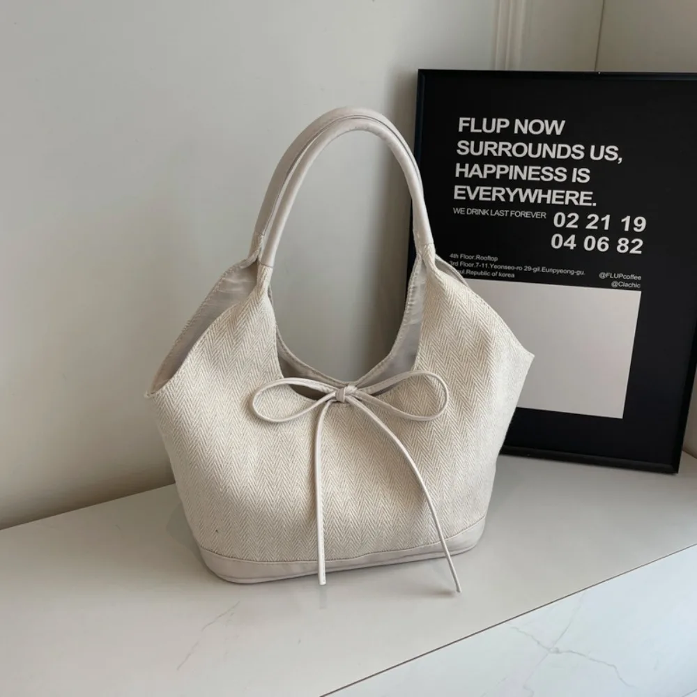 

Simple Korean Style Canvas Tote Bag Underarm Bag Handbag Cloth Bow Shoulder Bag Large Capacity All-match Women