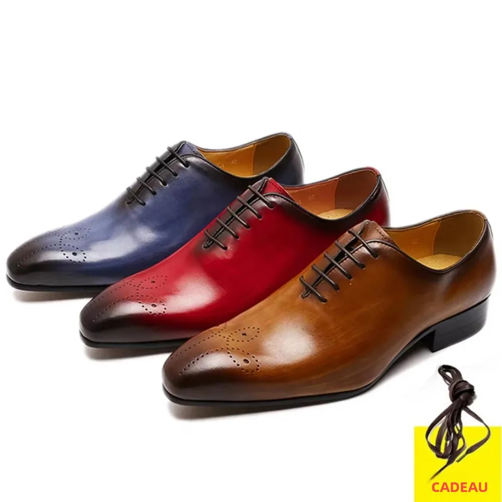 Chaussures Oxford en cuir véritable pour hommes, modèle entièrement cousu, à bout pointu, à lacets, pour occasions formelles, affaires et mariages