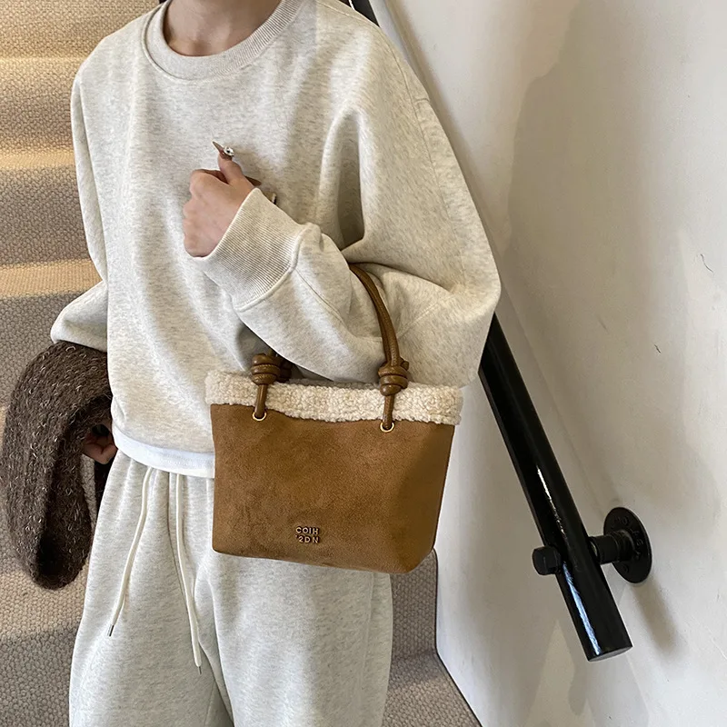 

2025 Vintage Bucket Bag Korean Inspired Suede Crossbody Purse for Women Convertible Shoulder Bag with Top Handle