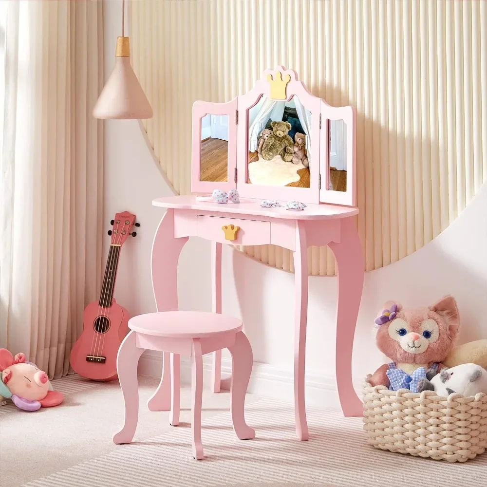 Kids Vanity Table and Chair Set, Princess Makeup Vanity with Detachable Tri-Folding Mirror, Girls Dressing Table and Chair