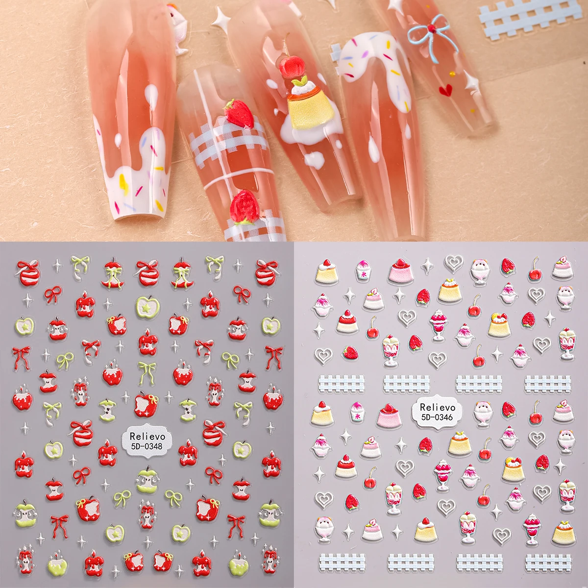 2 Stück 5D Obst Dessert Nail Art Aufkleber Apfel Erdbeere Kirsche Kuchen Eis selbstklebende Nagelaufkleber für Nägel DIY Maniküre