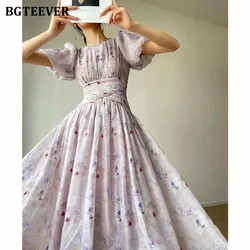 BGTEEVER francese o-collo vita sottile femminile a-line Dress elegante manica a sbuffo donna abito floreale abiti estivi di media lunghezza