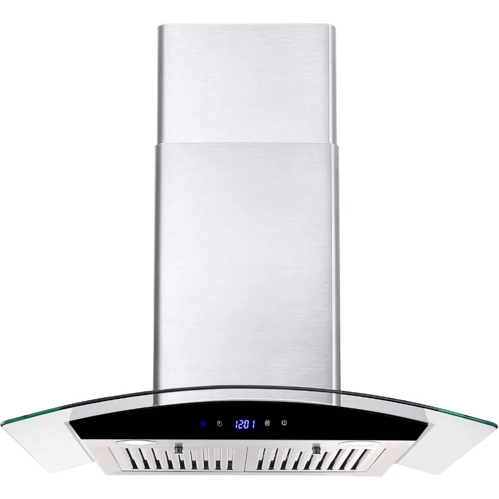 Wall Mount Kitchen Hood with Ducted/Ductless Convertible Duct, Stainless Steel Chimney and Baffle Filters, Touch Control Fan