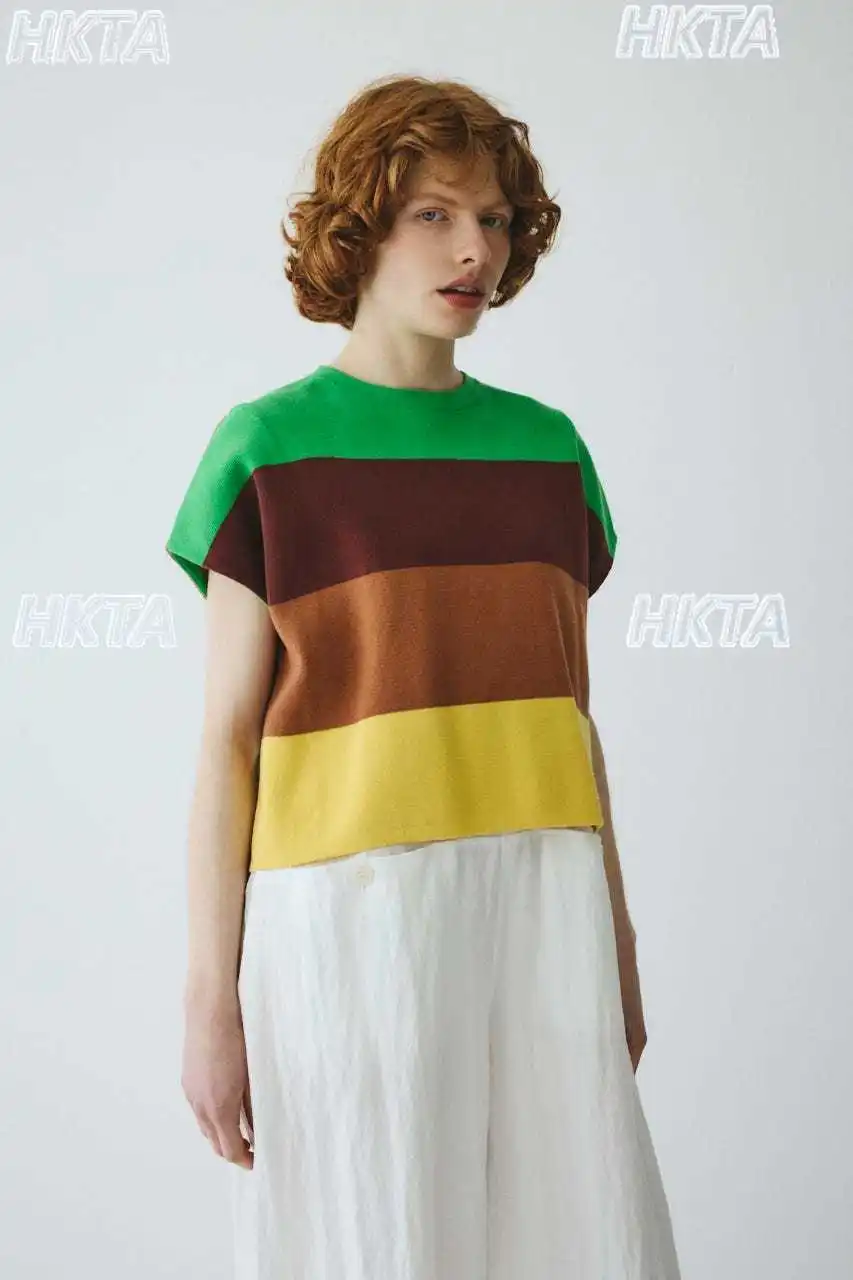 Japanese Retro Striped Color Matching Shoulder Short Sleeved T Shirt Loose Short Top Commuter New Crew Neck Knitted Tshirt Women