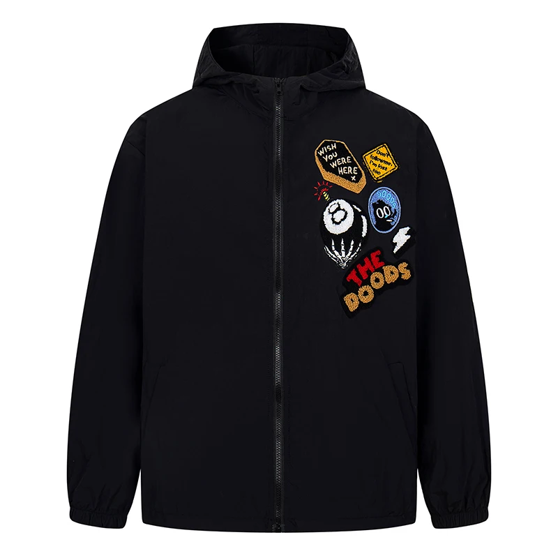 

Men's Sun Protection Jacket Hooded Windbreaker with Cartoon Patches Embroidery 2025 Streetwear Harajuku Zip Up Lightweight Coat