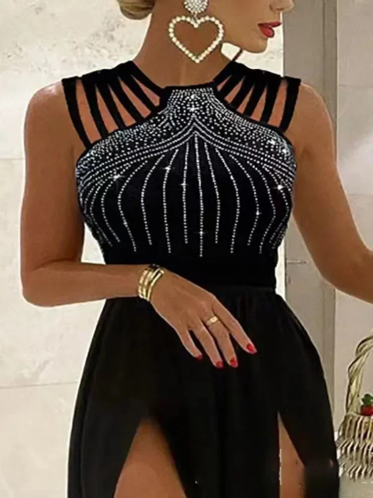 Kexu Hot Drill Frauen hohe Seite Schlitz Neck holder Hals rücken frei Maxi kleid Vintage Diamanten sexy aushöhlen Nacht Party lange Kleider