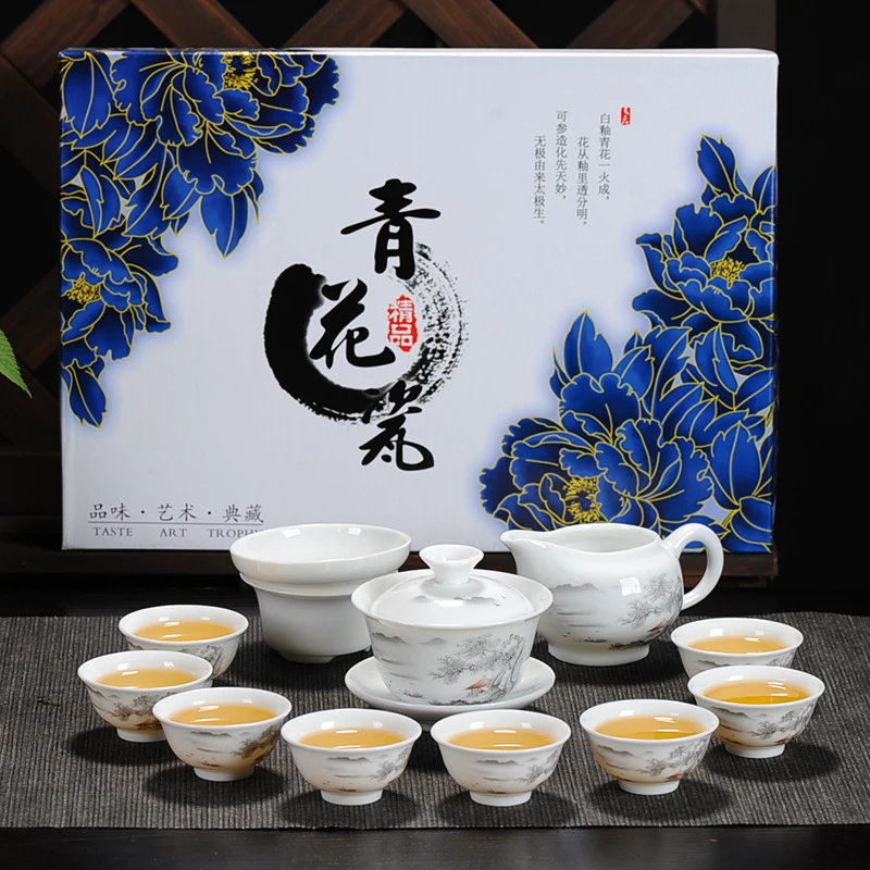 

Kung Fu tea set, ceramic tea cups, white porcelain complete set, blue and white tea cups and gaiwan