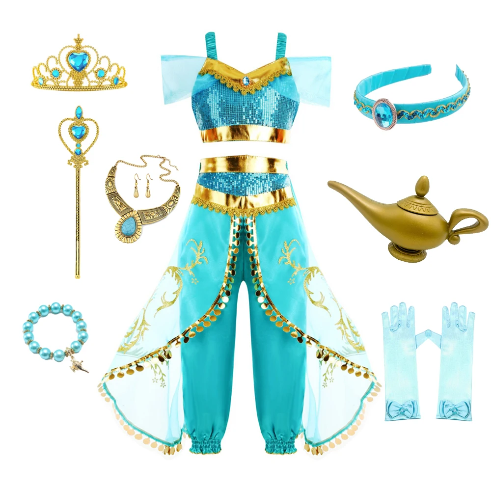 

Girls Costume Jasmine Cosplay Clothes Children Arabian Folklore Magic Lamp Cosplay Outfits Tops And Tailed Pants