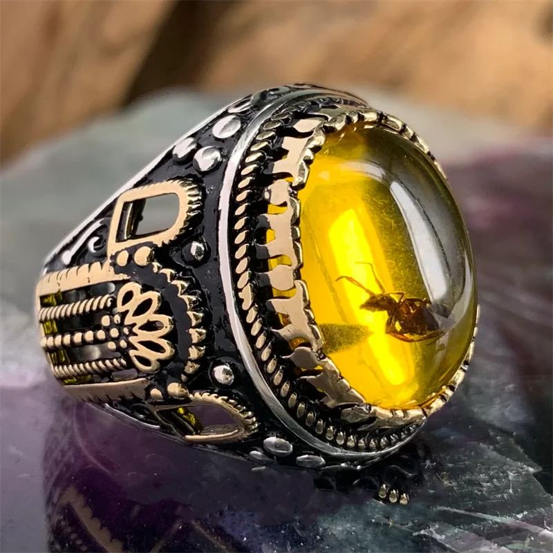 New Ant Amber Men\'s Ring Personality Ring Fashion Temperament Attend Banquet Luxury High Quality Jewelry Insect Hand Jewelry
