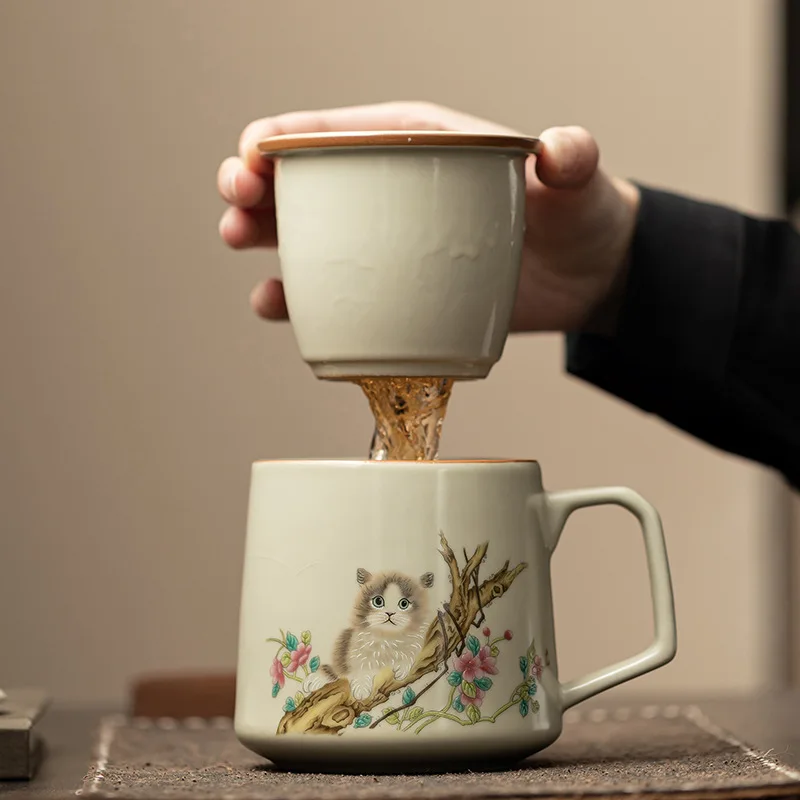 400ML Interesting cat office cup Ru kiln ceramic lovely tea cup mug Home office with cover filter drinking cup