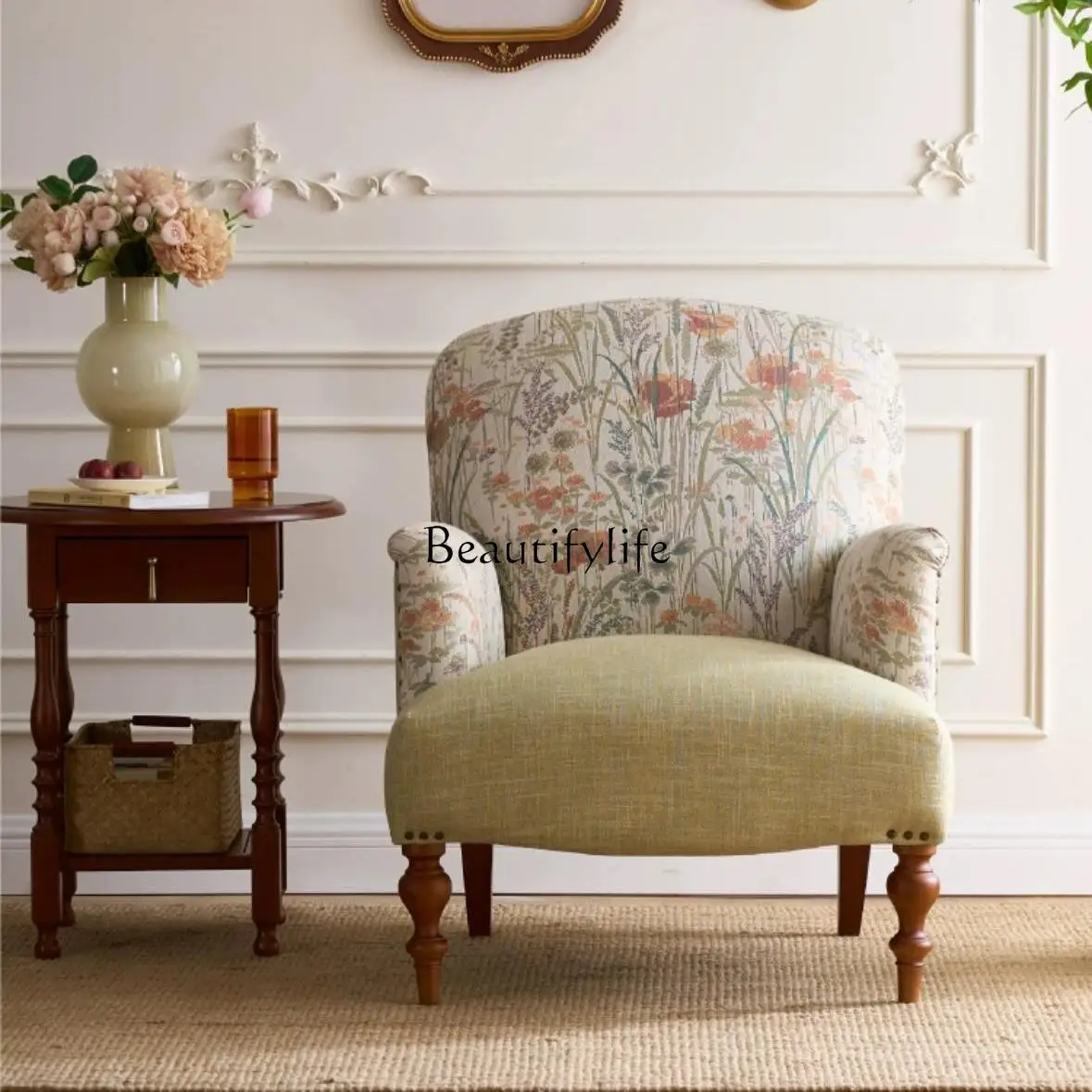 레트로 우드 패브릭 소파 의자 이미지