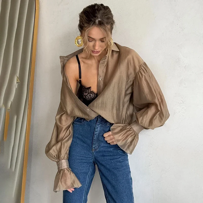 Fmxires Commuting Long Sleeve Shirt Female Sexy See Through Flare Sleeve Casual Loose Blouses Lapel Buttons Shirt Summer Fashion
