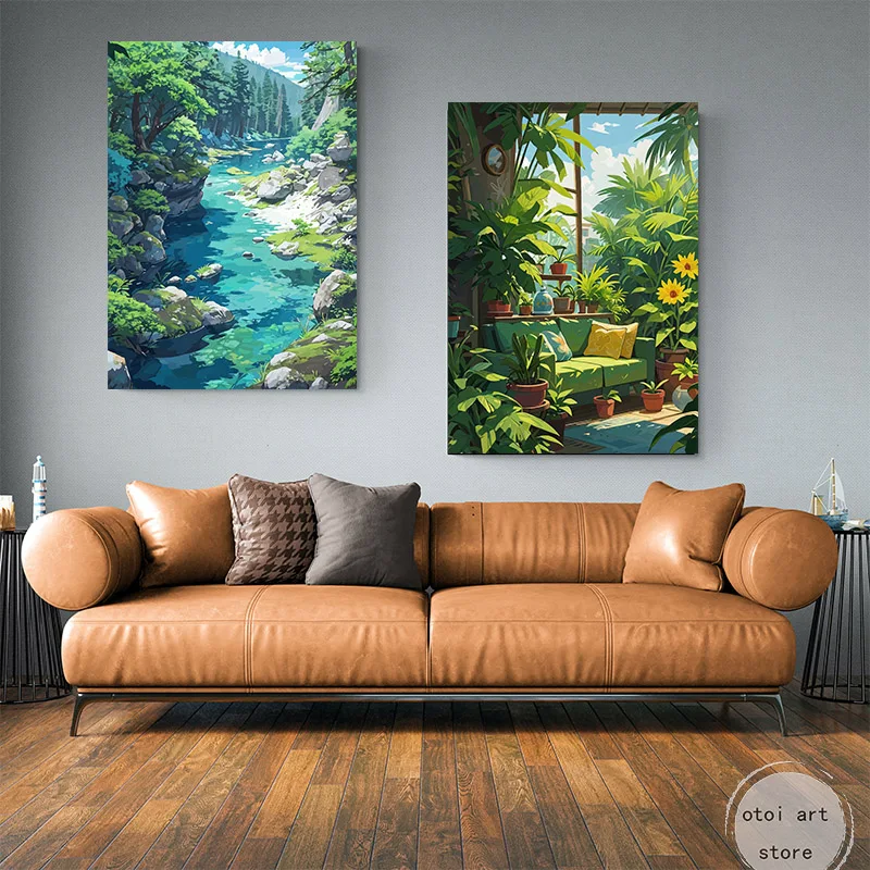 Anime Manga Style Scenery Dock River Flower Window Landscape Art Poster Canvas Painting Wall Prints Picture for Room Home Decor