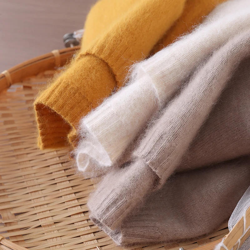 الخريف الشتاء الخط الأول الملابس المنك سترة الكشمير المعنقة فضفاضة المرأة الجولة الرقبة البلوز مع بلون الصوف محبوك سترة #4