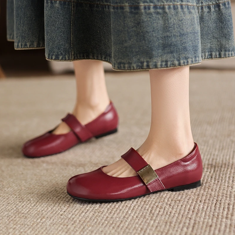 

Women's New Spring and Autumn Genuine Leather Cowhide Low Heel Large Metal Belt Buckle Retro Mary Jane Casual Single Shoes
