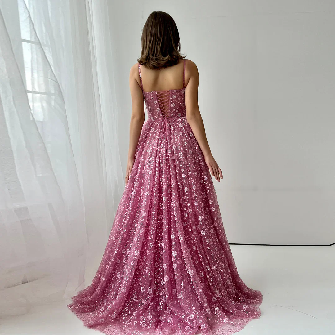 

MisShow Customized Floral Embroidered Evening Gown Sweetheart Neckline w/Straps & Full Skirt Pink Formal Dress for Gala, Wedding
