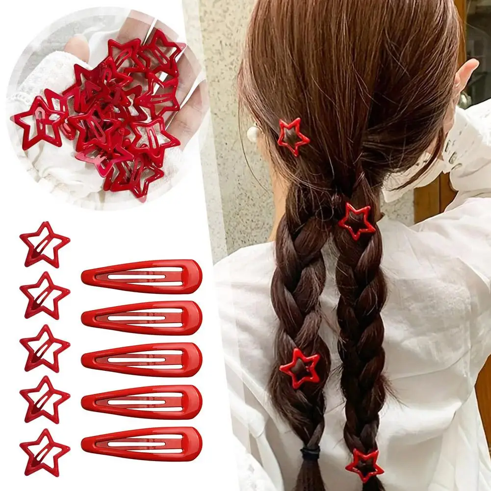 5Pcs/Lot New Red Star Snap Clip For Girl Waterdrop Barrettes Black Hairpin Women Silver Hair Clip Accessories Kawaii BB Cli Y6S7