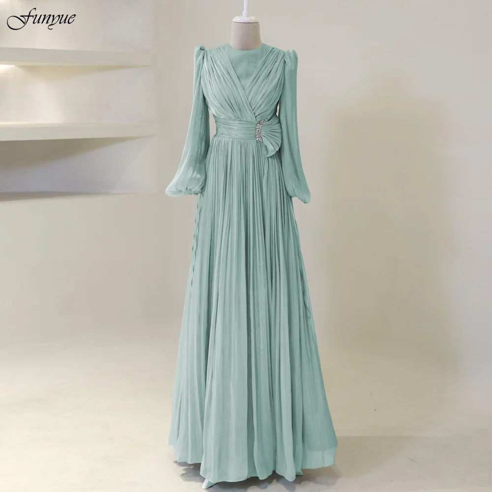 

Мусульманские вечерние платья по индивидуальному заказу, женские элегантные шифоновые платья трапециевидной формы с пышными рукавами, вечерние платья для гостей свадьбы, длинные, новинка 2023 года