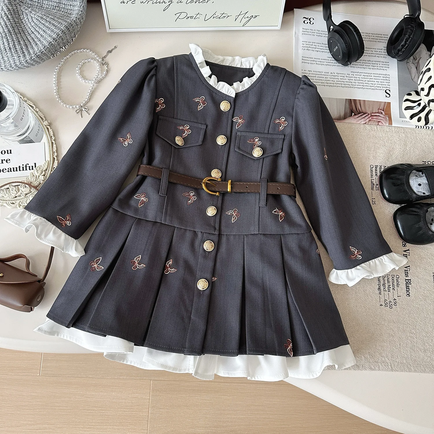 

Children Boutique Dress Autumn Elegant Fake Two Piece for Little Girls Dresses Long Sleeve Buttons One Piece Clothing with Belt