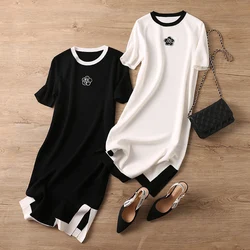 Summer Dresses Ladies 2023 Luxury Designer Rose Embroidery Split T shirt Long Ice Silk Straight Maternity Dress Women's Clothing