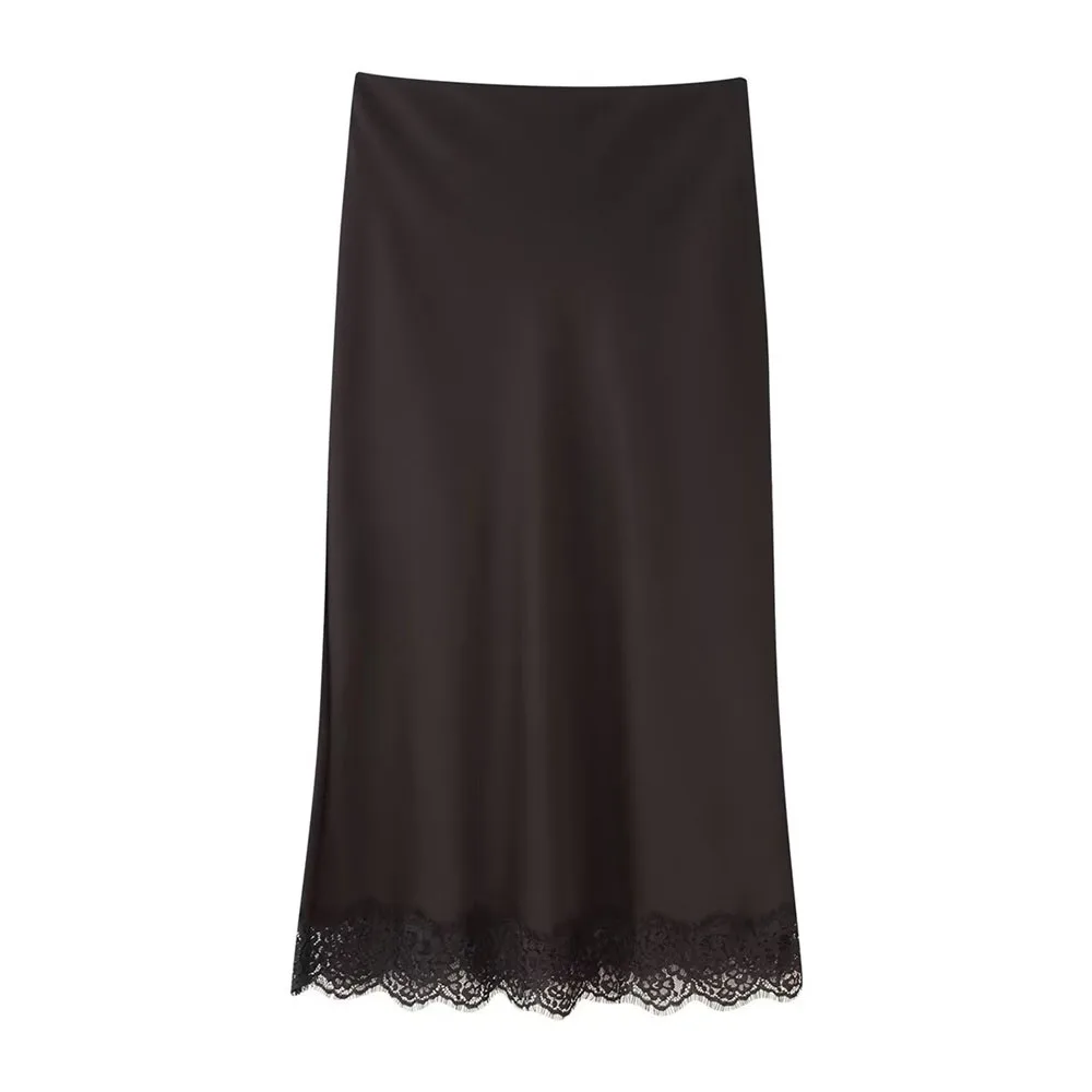 

Winter new women's fashion temperament silk satin texture lace skirt