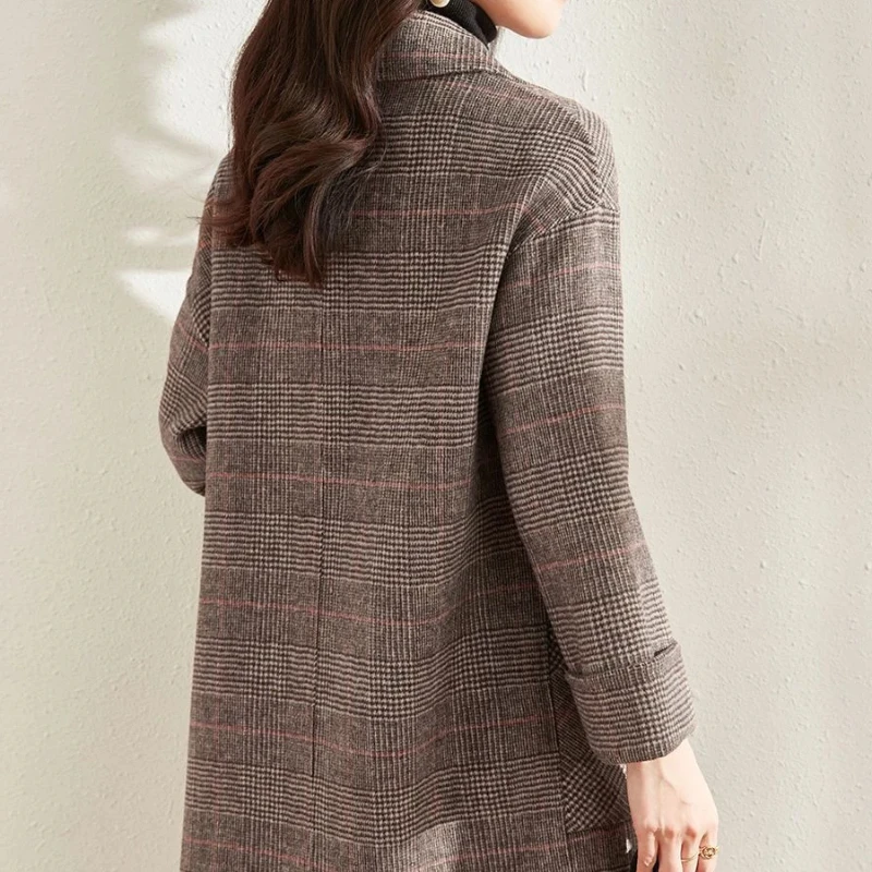 Abrigo holgado de mezcla de lana de Tweed de longitud media para mujer, ropa de invierno caliente, chaqueta de mezcla de prendas de vestir exteriores, chaqueta elegante de manga larga para mujer 2024